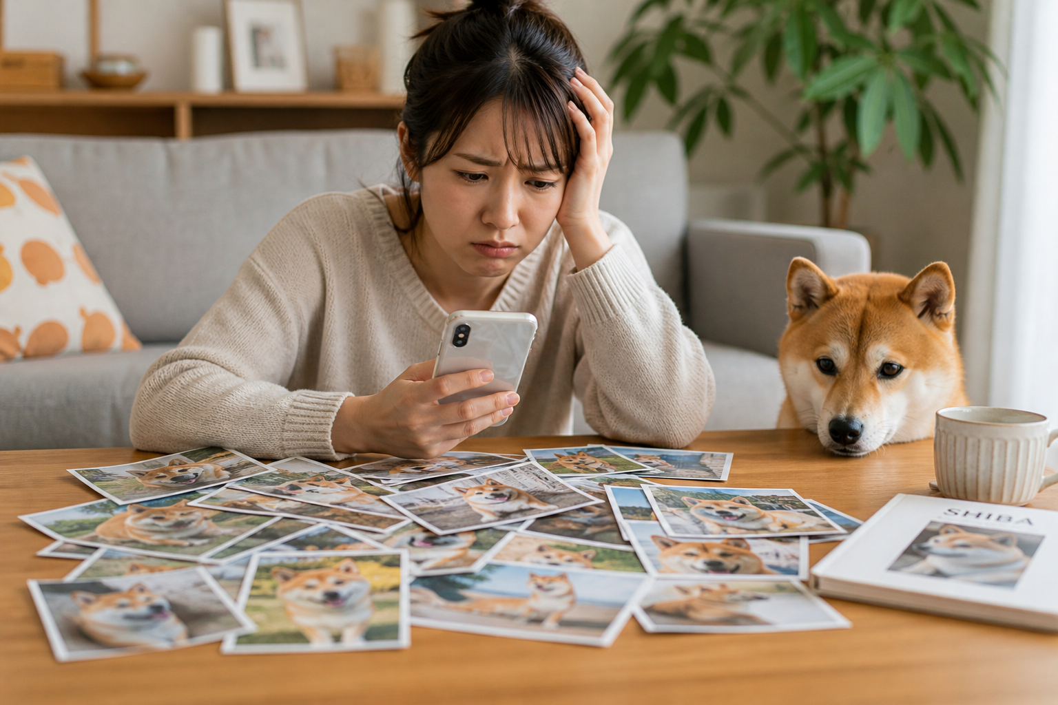 スマホの写真を見つめる柴犬の飼い主