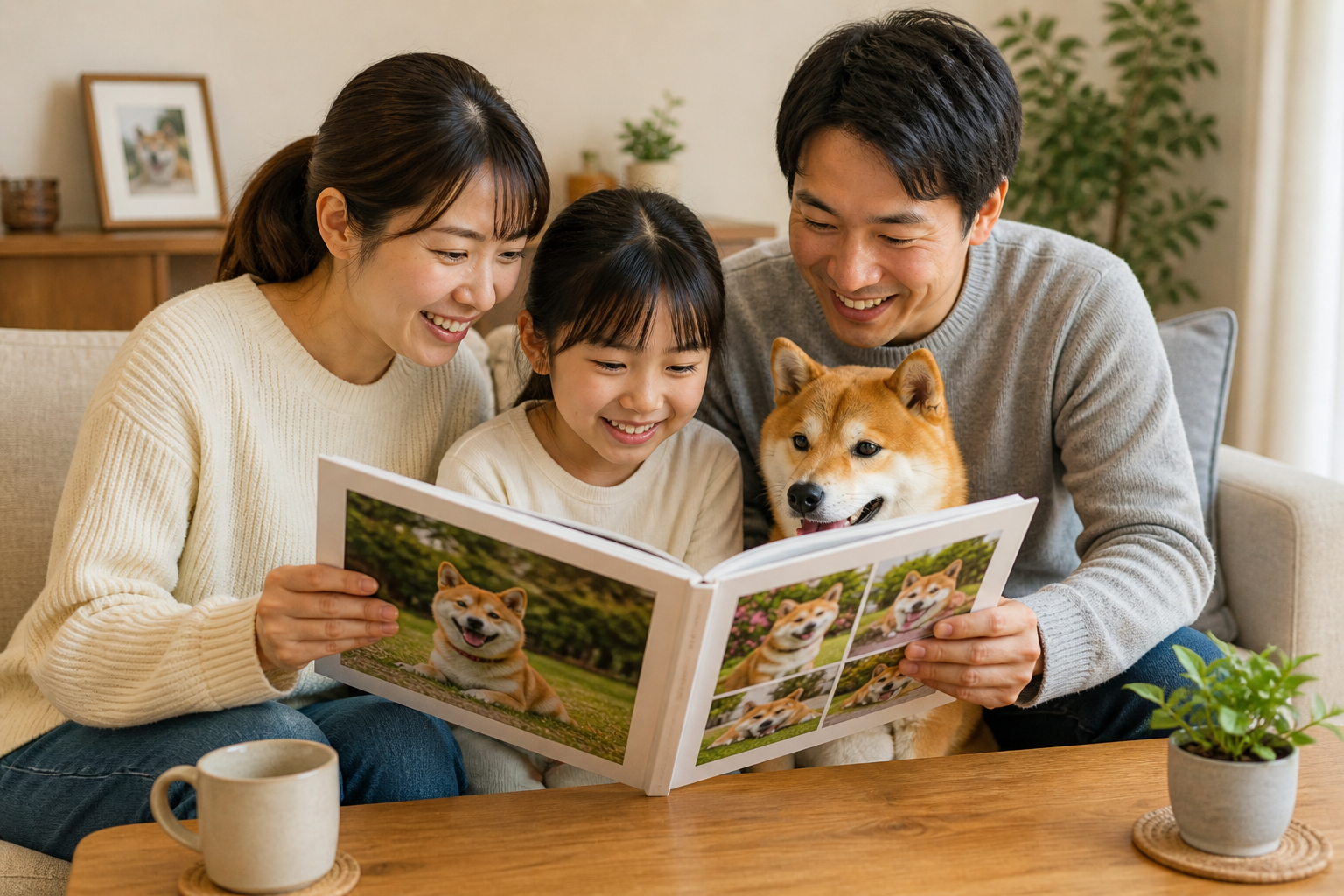 柴犬の写真集を家族で眺めている様子