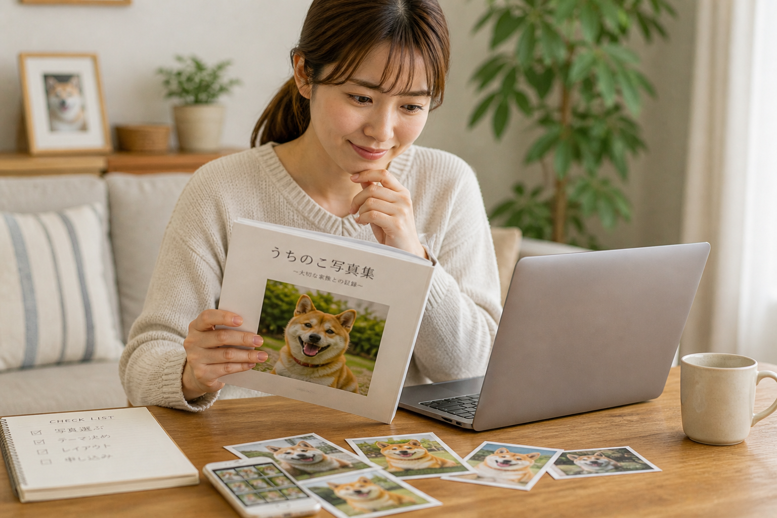 柴犬の写真集を棚に飾っている様子