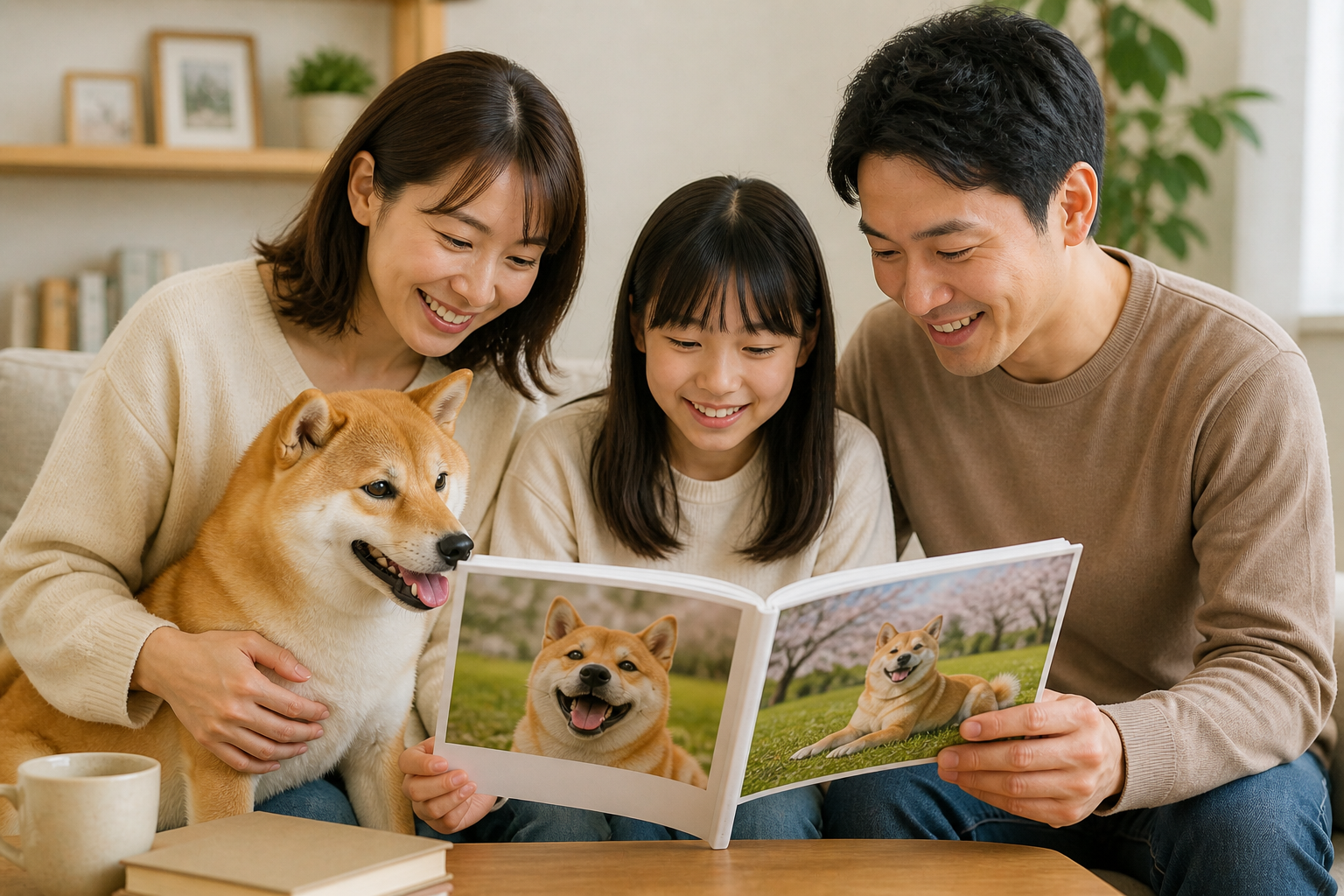 柴犬の思い出を写真集で見返す家族