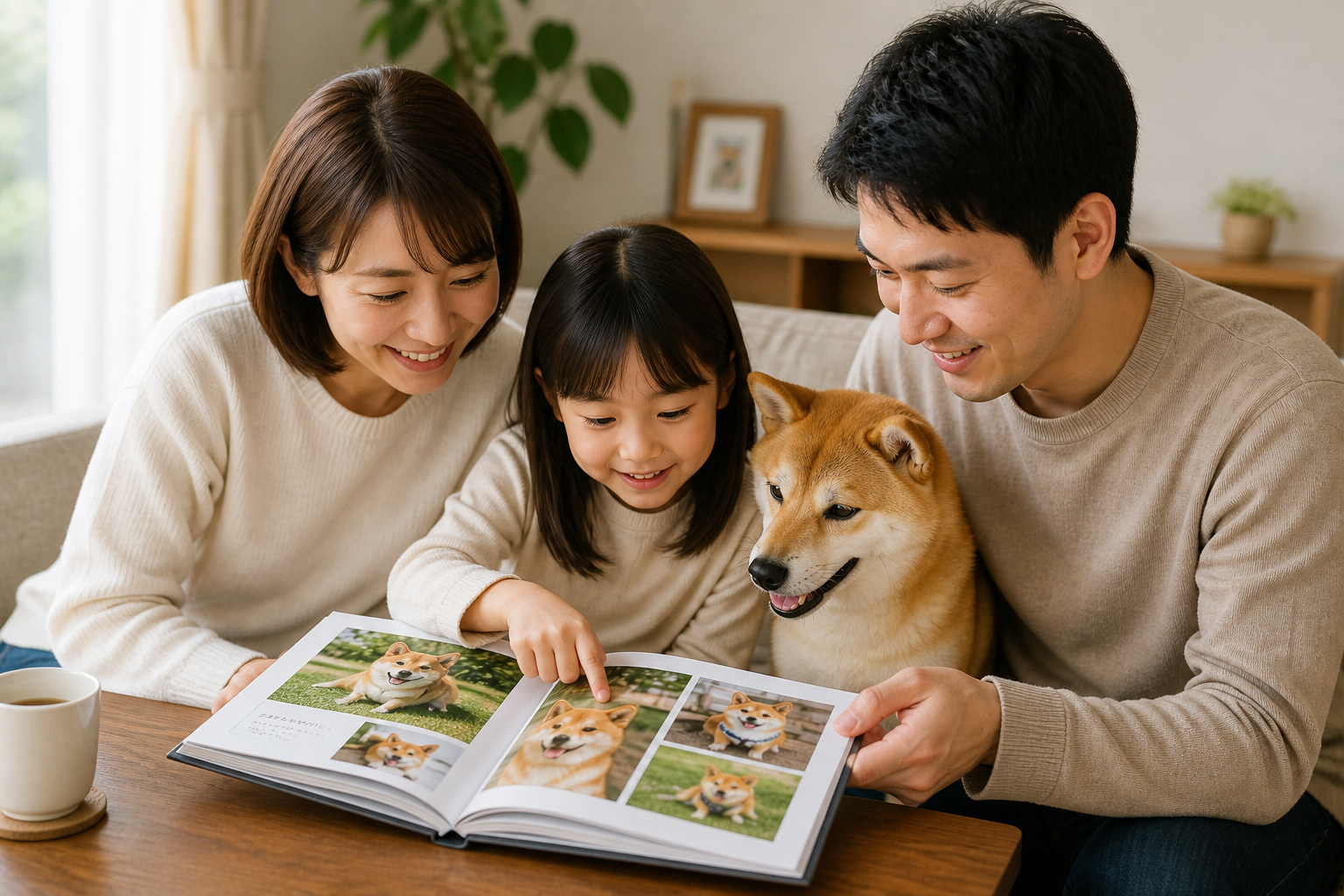 柴犬の写真集を家族で見返している様子