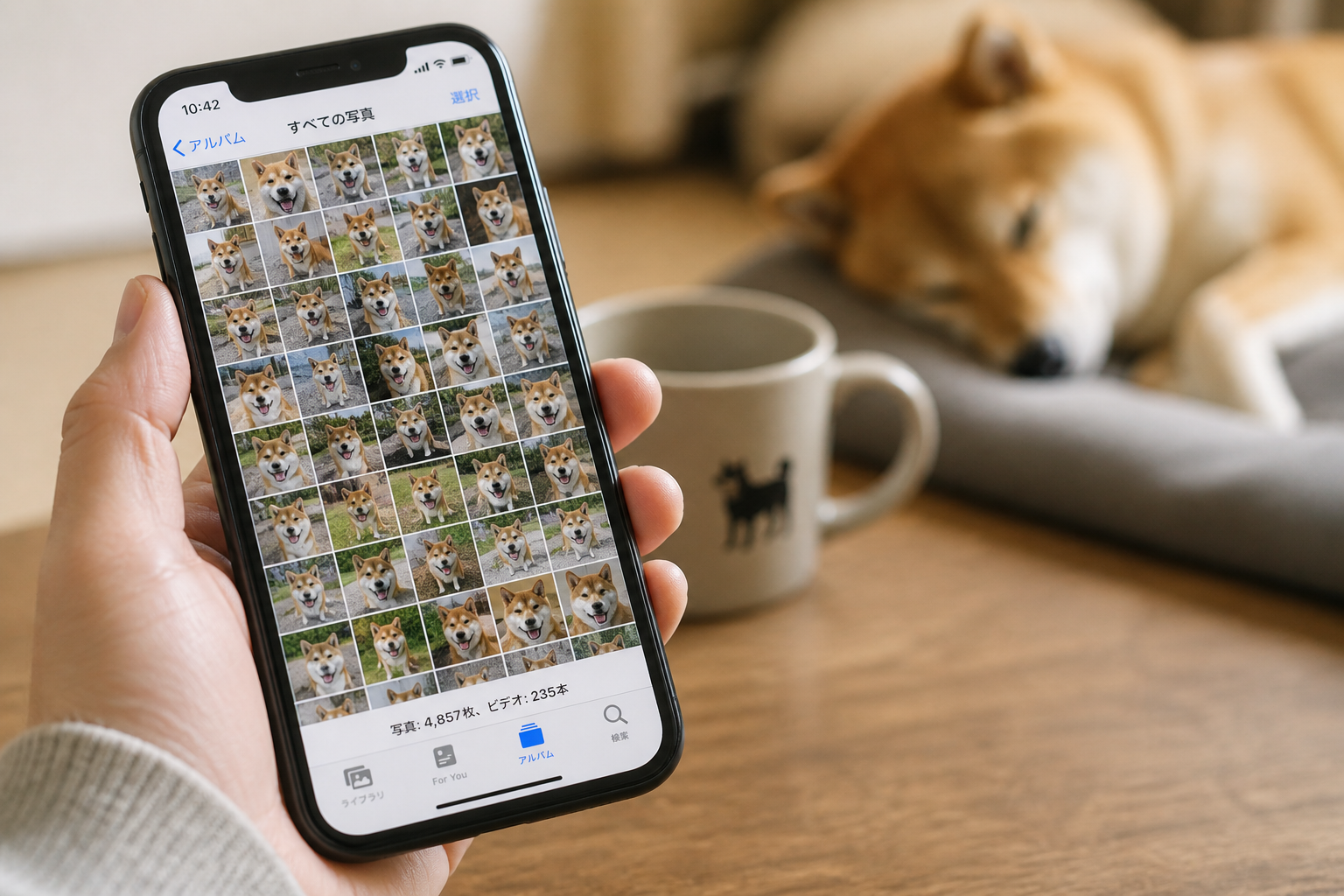 スマホに大量保存された柴犬の写真データ