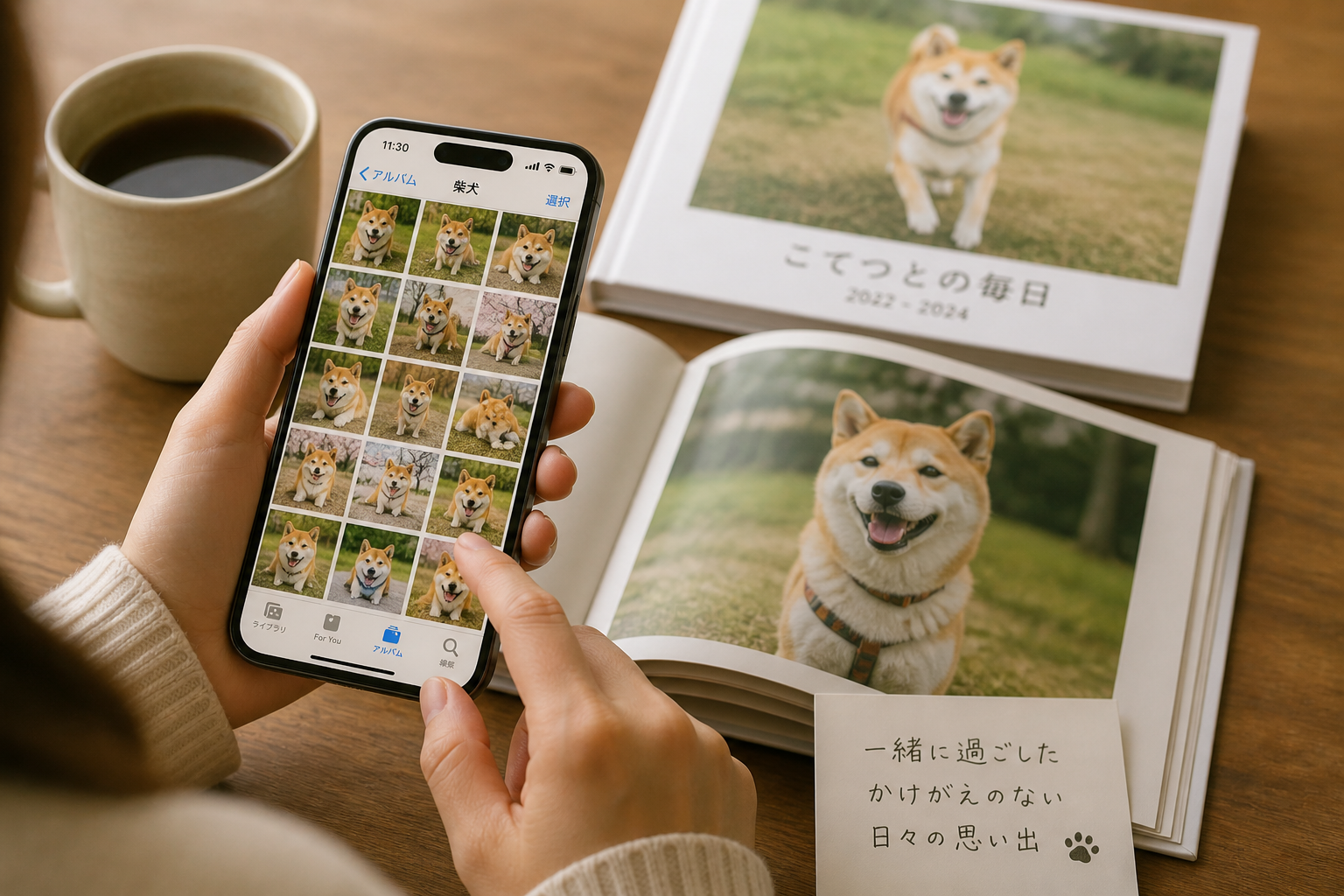スマホに保存された柴犬の写真と思い出を見返すイメージ