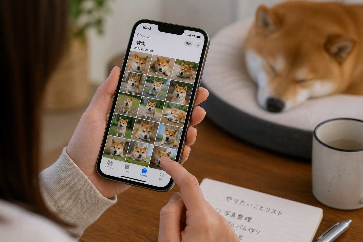 写真整理アプリに保存された柴犬の写真をスマホで見ているイメージ