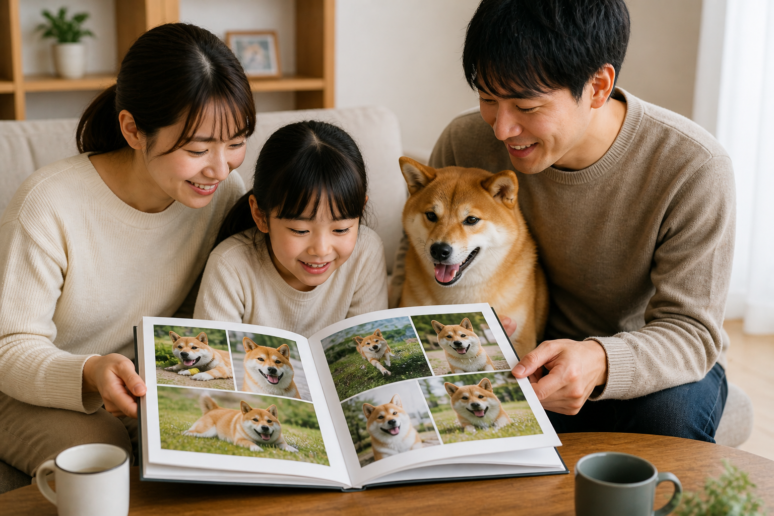 柴犬の写真集を家族で見返しているイメージ