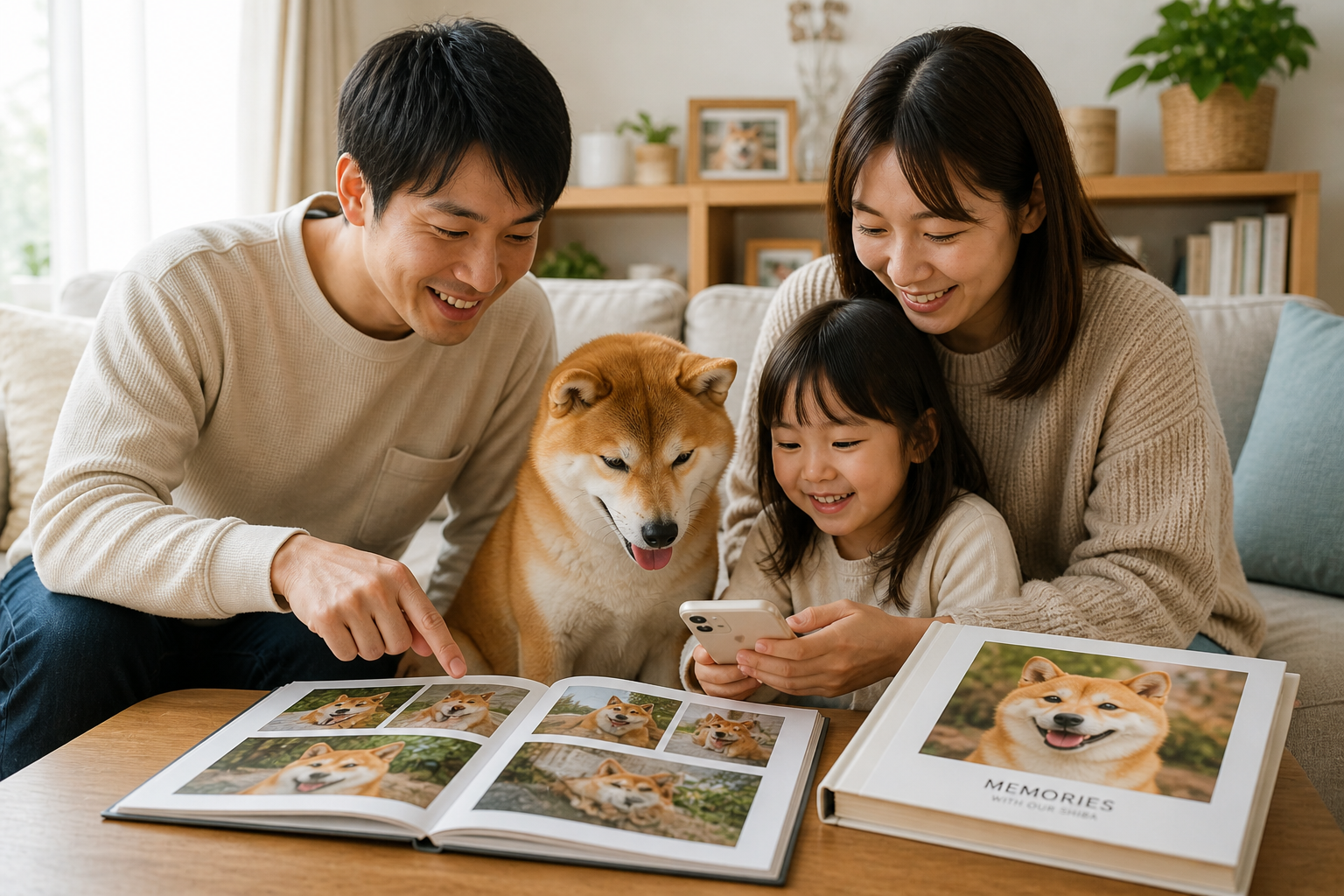 柴犬との思い出を見返す家族