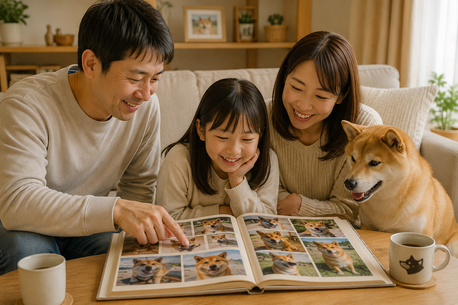 柴犬の写真を家族で見返している様子