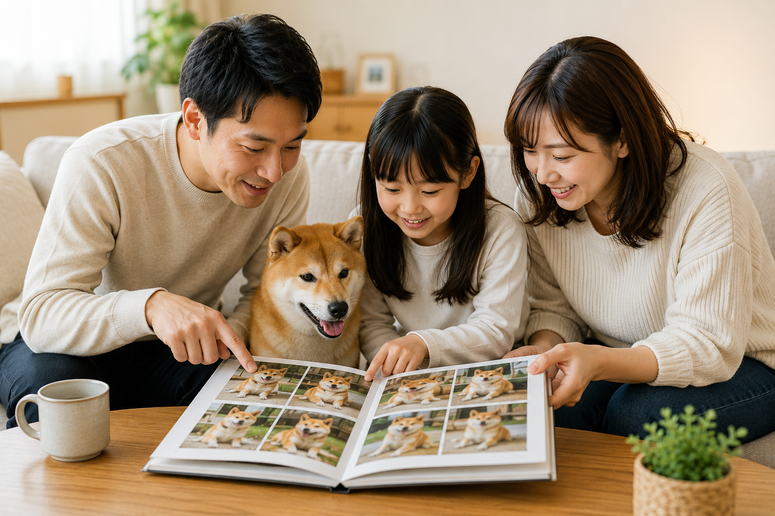 柴犬の写真を家族で見返している温かい時間