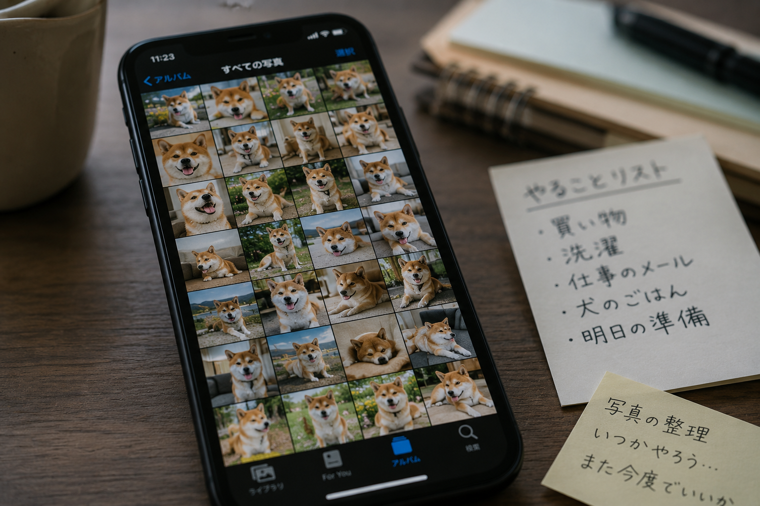 スマホに保存された柴犬の写真が見返されず埋もれている様子