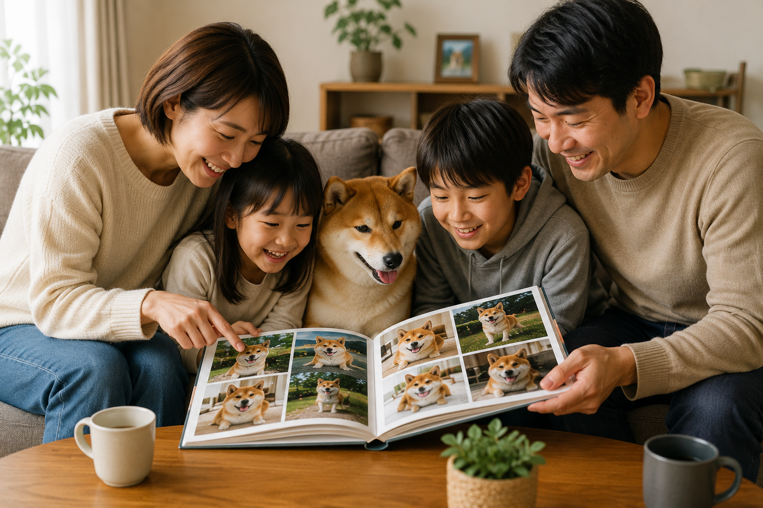 柴犬の写真集を家族で見返しながら思い出を振り返る様子