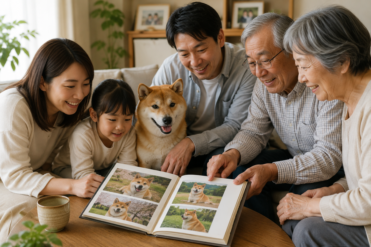 柴犬の思い出を家族で見返しながら未来に残す様子