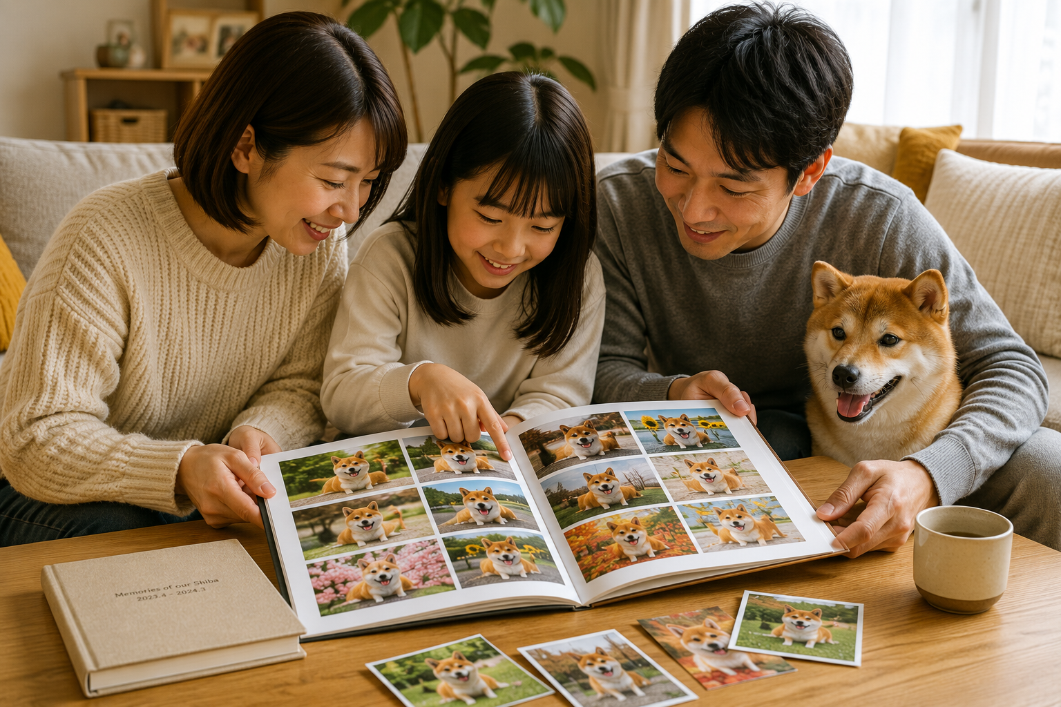 柴犬の写真集を家族で見返しながら思い出を振り返る様子