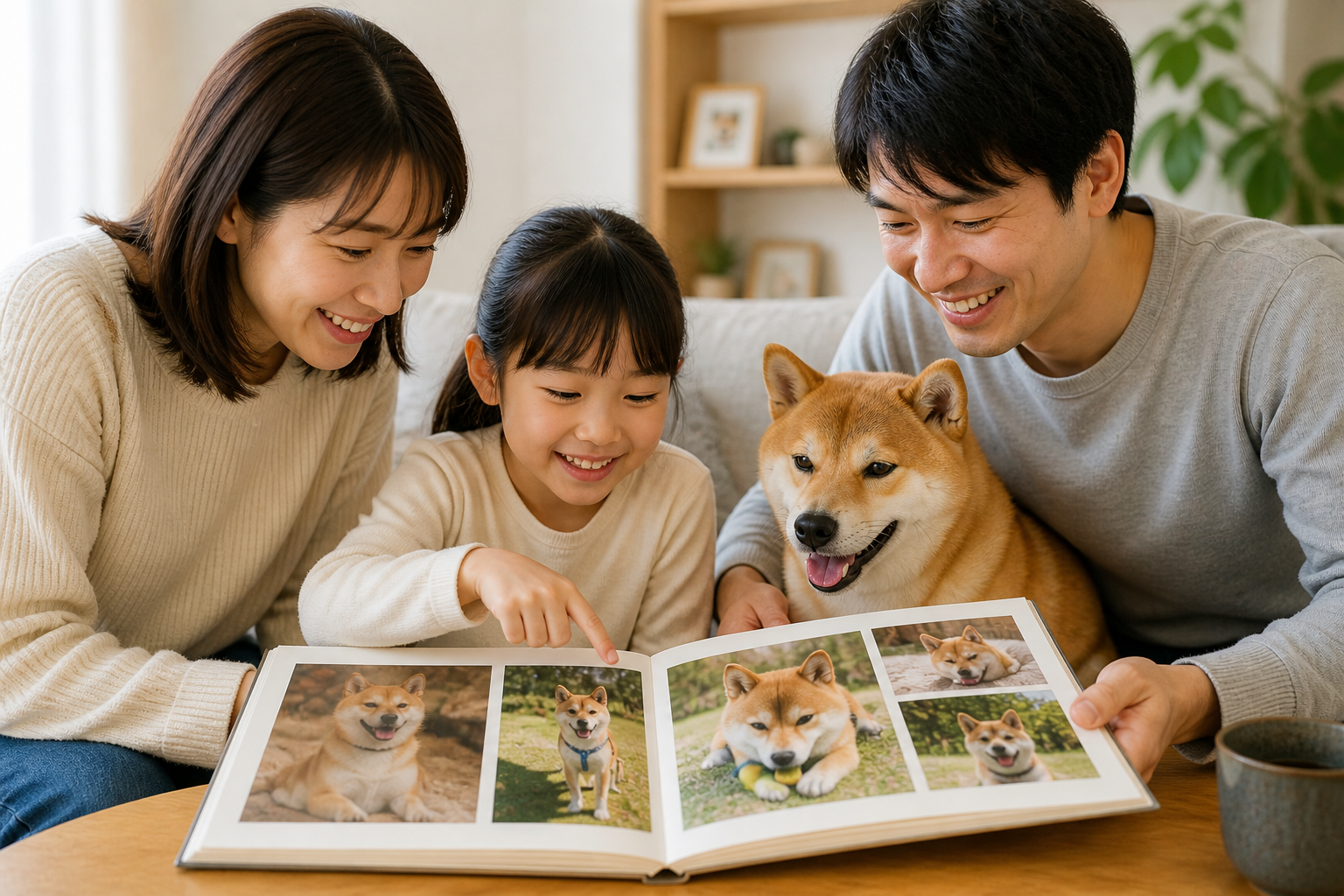 柴犬の写真集を家族で見返しながら思い出を振り返る様子