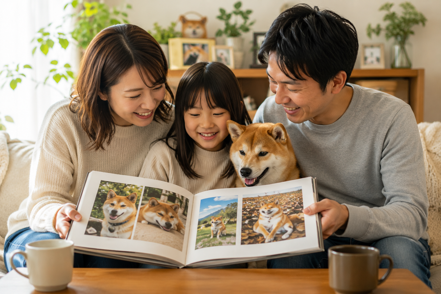 柴犬の写真集を家族で見返しながら思い出を振り返る様子