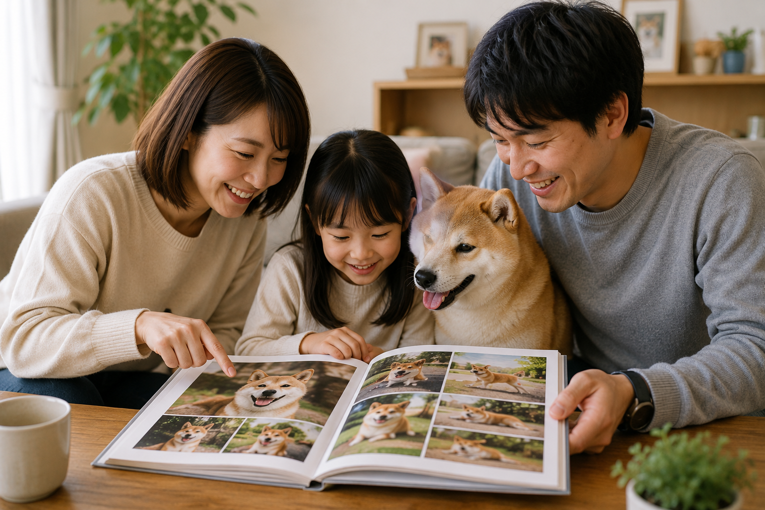 柴犬の写真集を家族で見返しながら思い出を振り返る様子