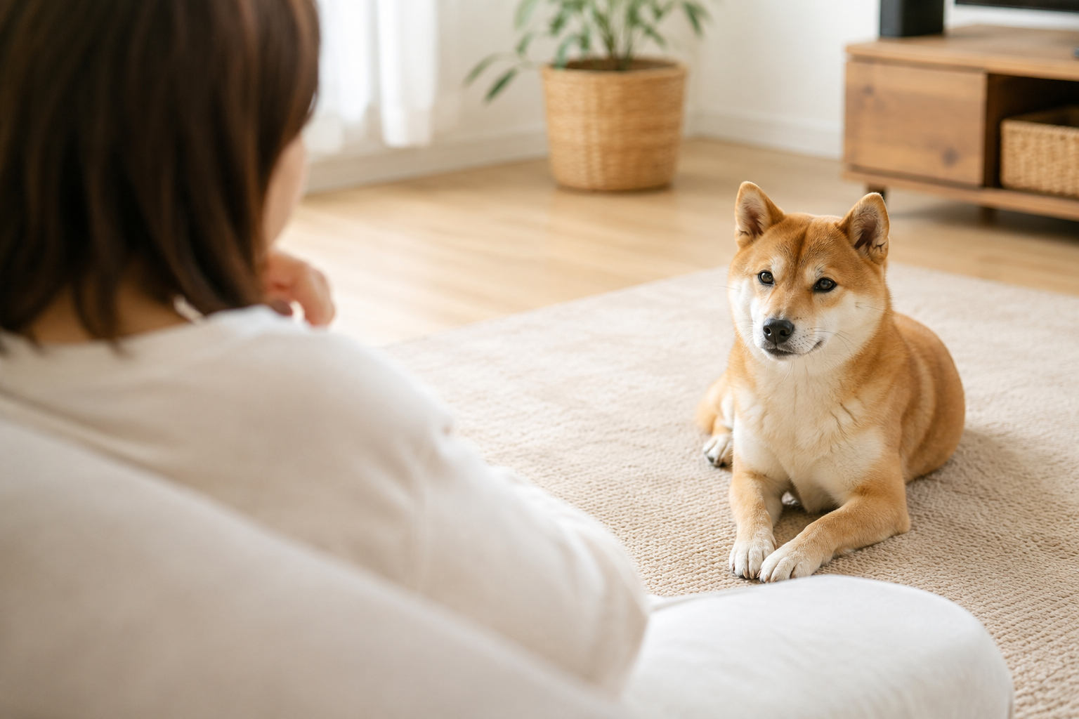 少し距離を取りながら飼い主を見つめる柴犬