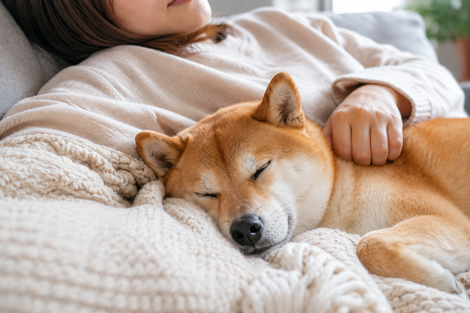安心した表情で飼い主のそばで眠る柴犬