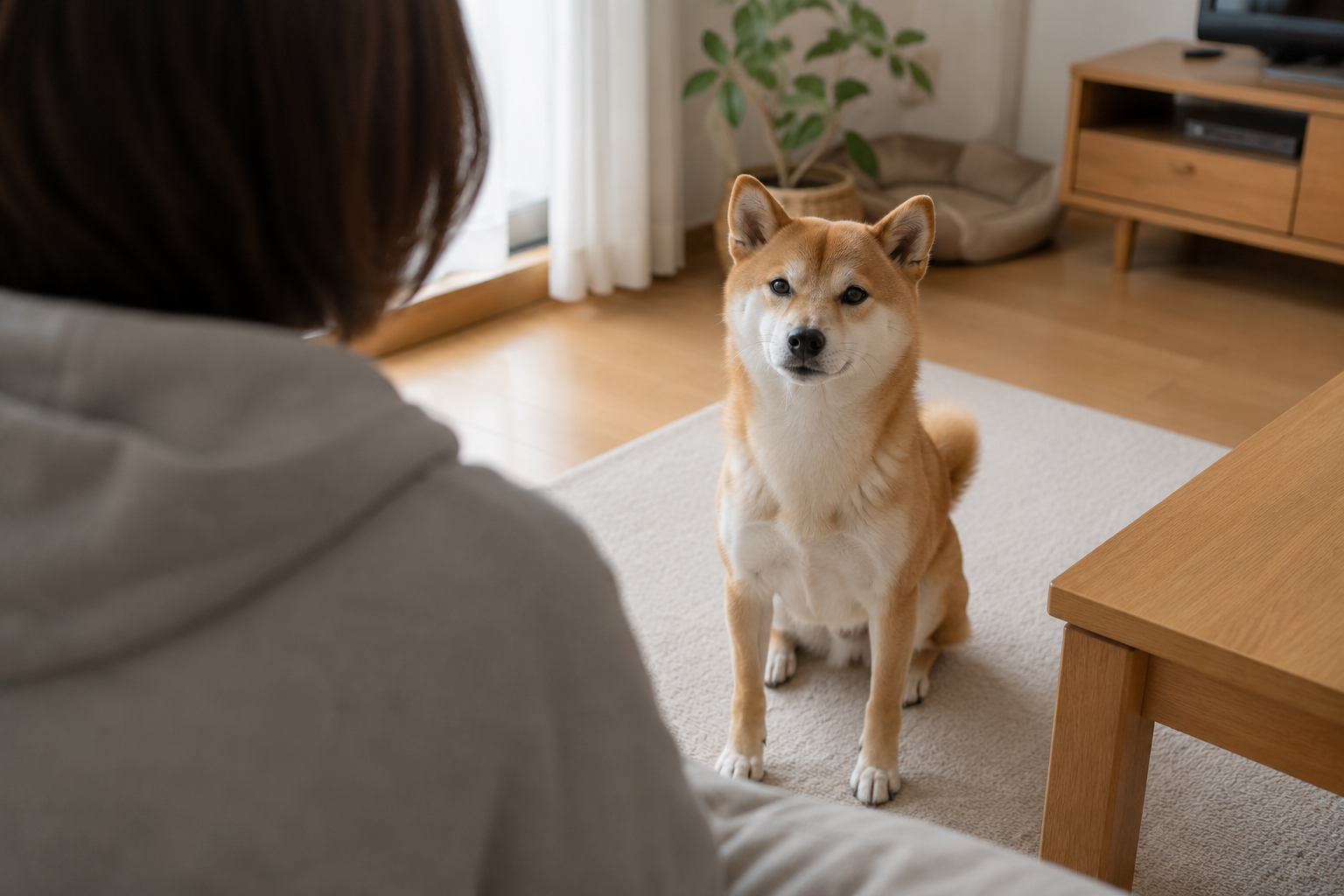 少し距離を取りながら飼い主を見つめる柴犬