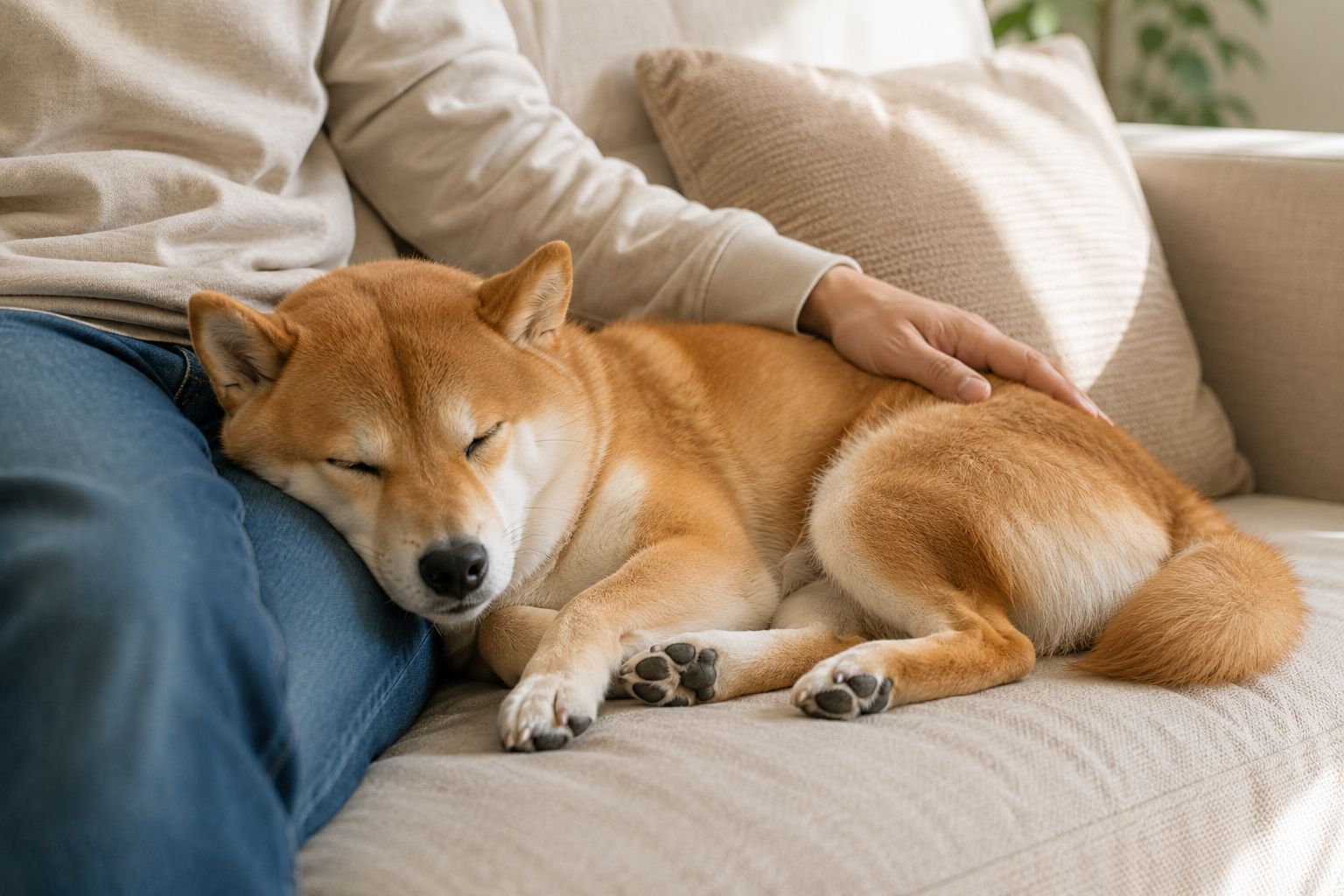 安心した表情で飼い主のそばで眠る柴犬