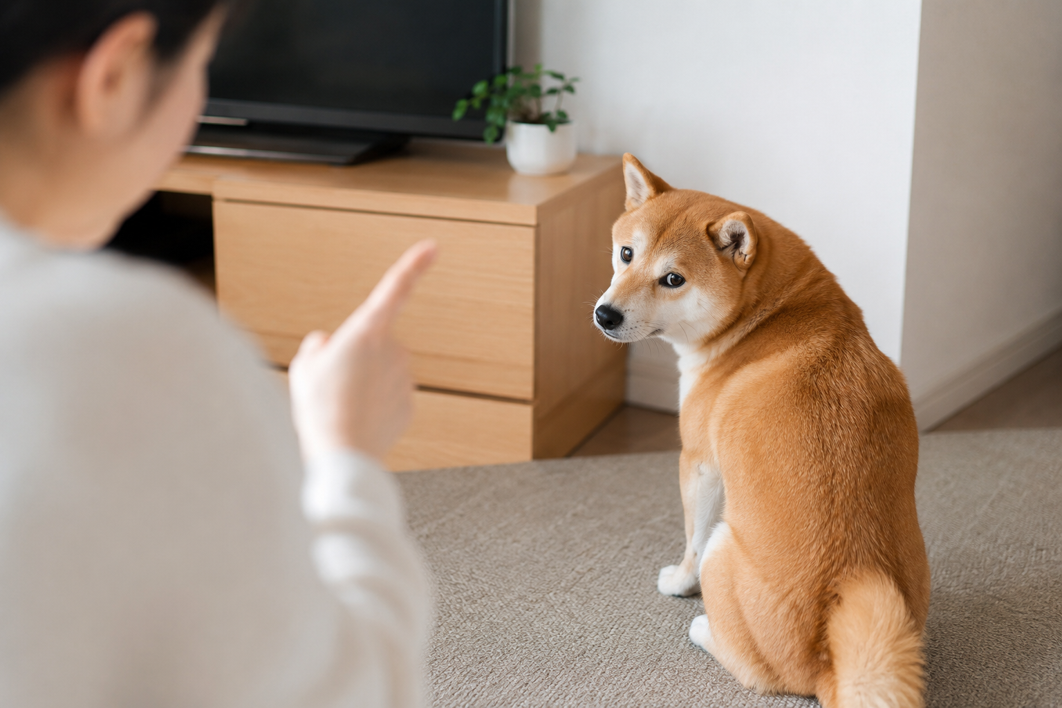 怒られたあと少し距離を取りながら飼い主を見つめる柴犬