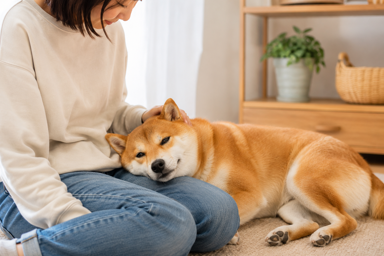 落ち着いたあと飼い主のそばで安心している柴犬