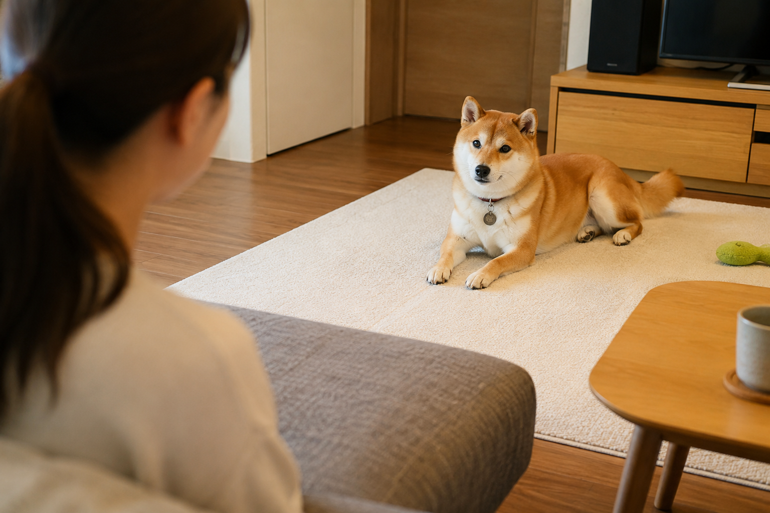 少し距離を取りながら飼い主を見つめている柴犬