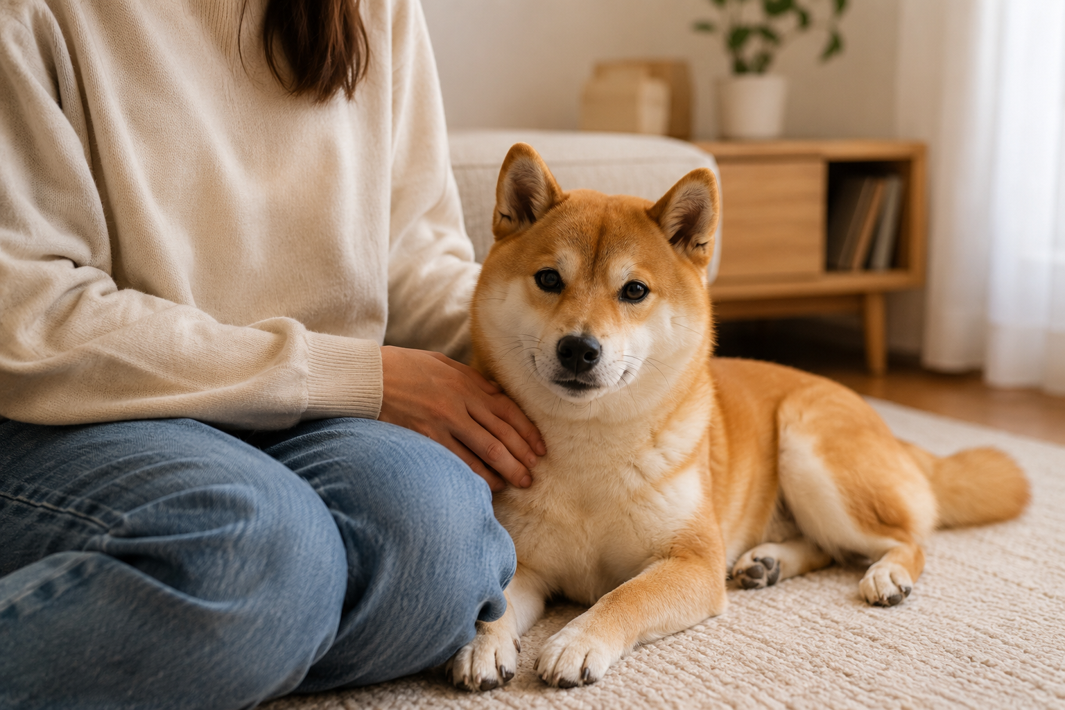 飼い主のそばで安心した表情を見せる柴犬