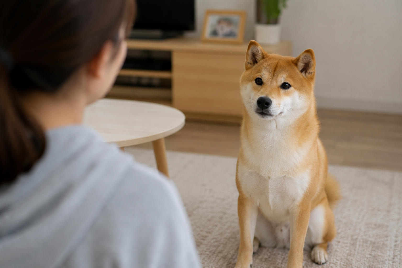 少し距離を取りながらも飼い主を安心した表情で見つめる柴犬