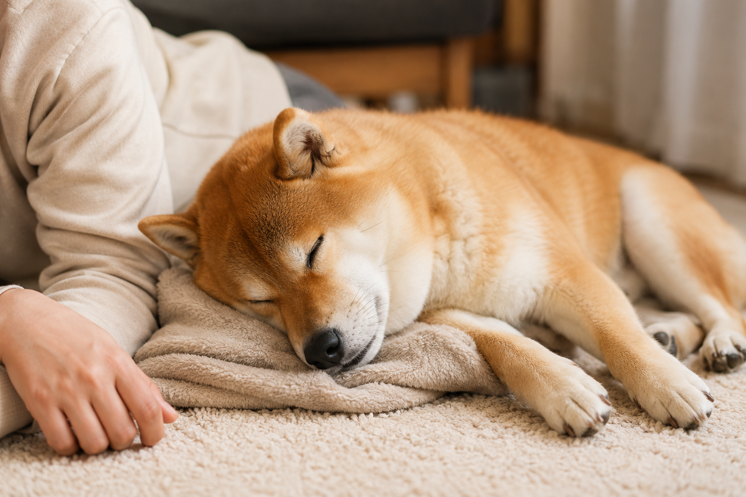 飼い主のそばで安心した表情のまま眠っている柴犬