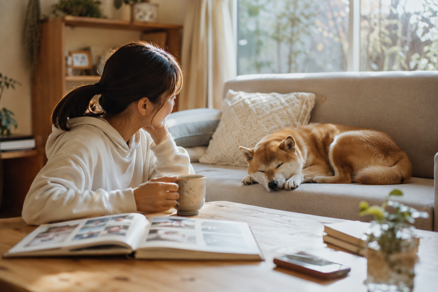 柴犬との何気ない毎日が大切な時間だと気づく様子