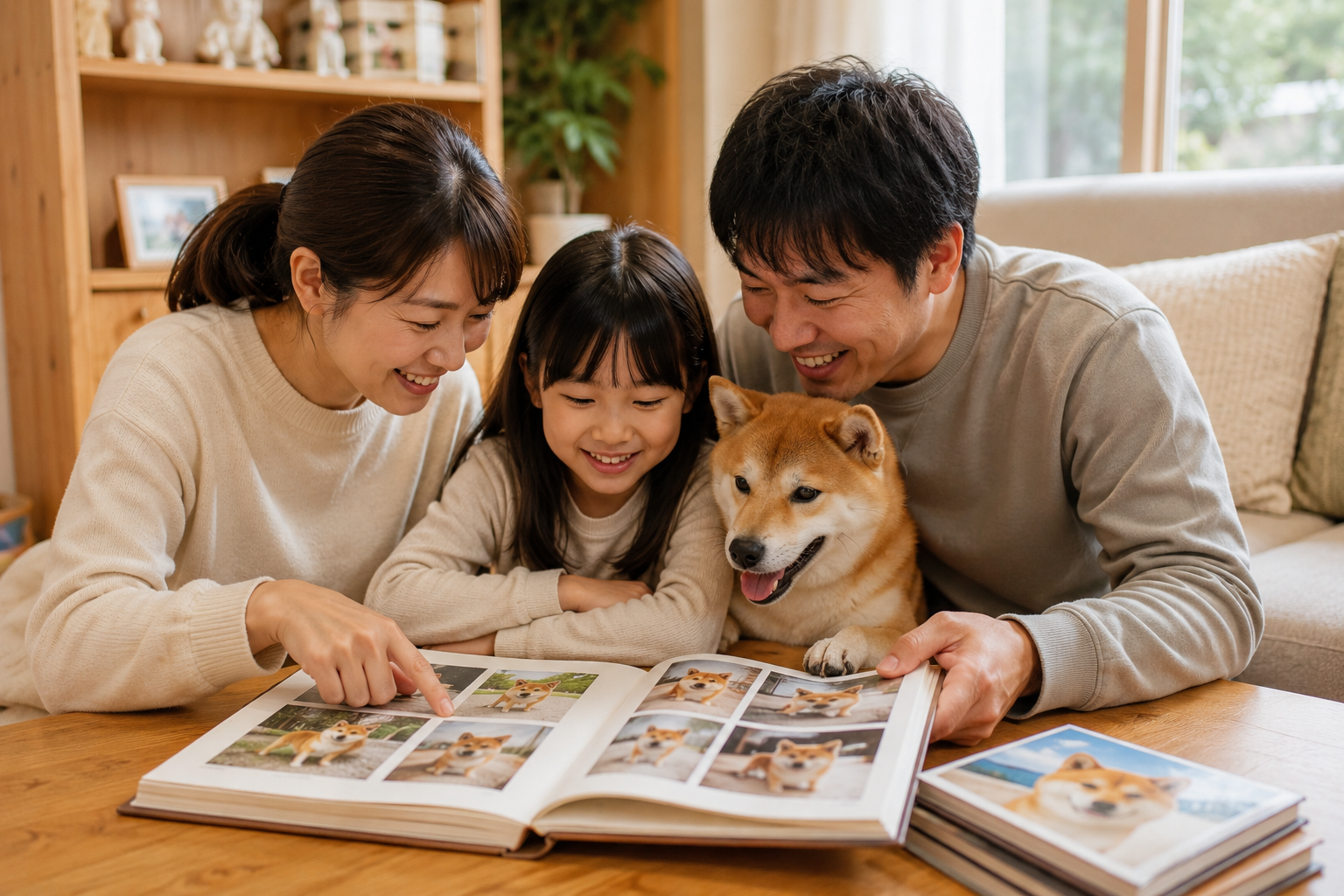 柴犬の写真を家族で見返しながら思い出を振り返る様子