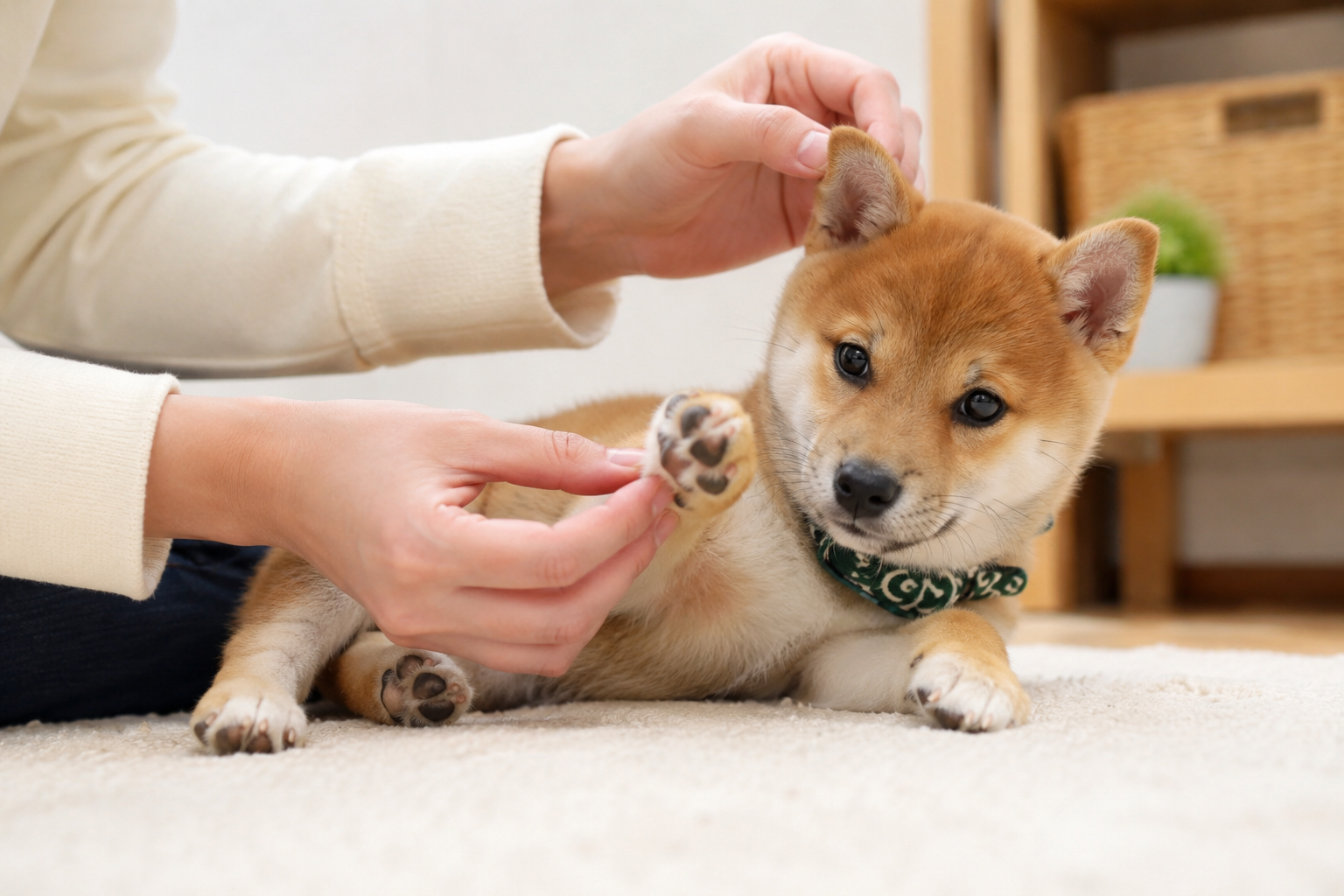 子犬の柴犬に触られる練習をしている様子