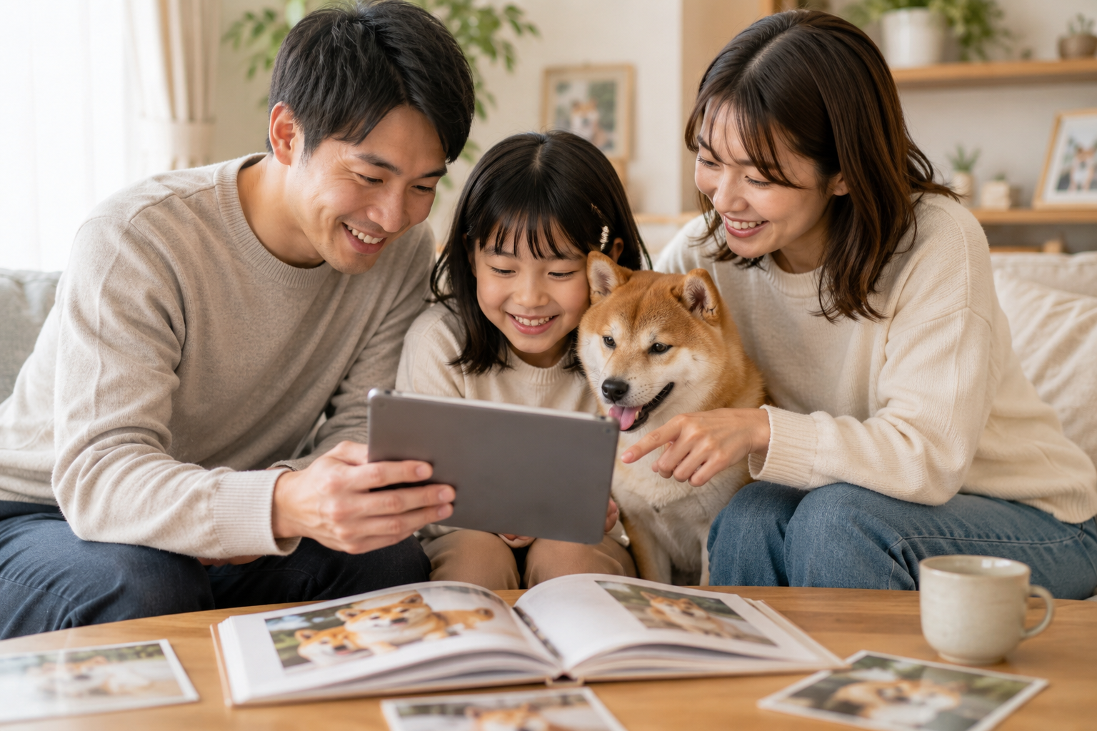 柴犬との思い出動画や写真を家族で見返している様子
