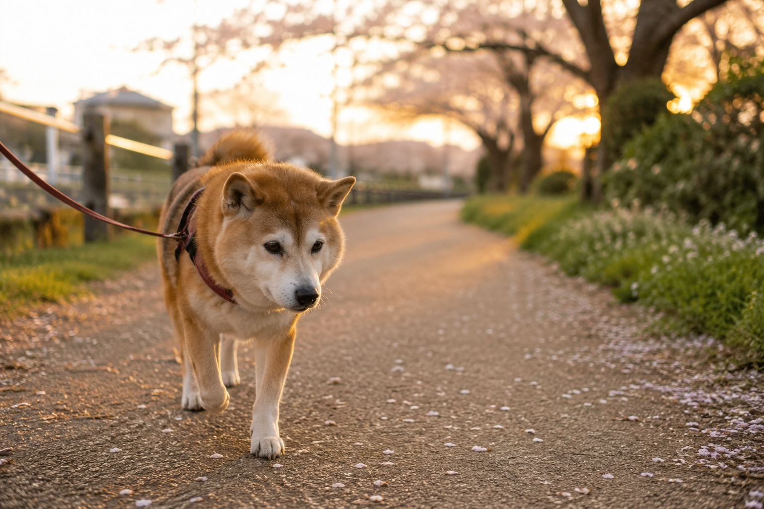 シニア柴犬がゆっくり散歩している様子