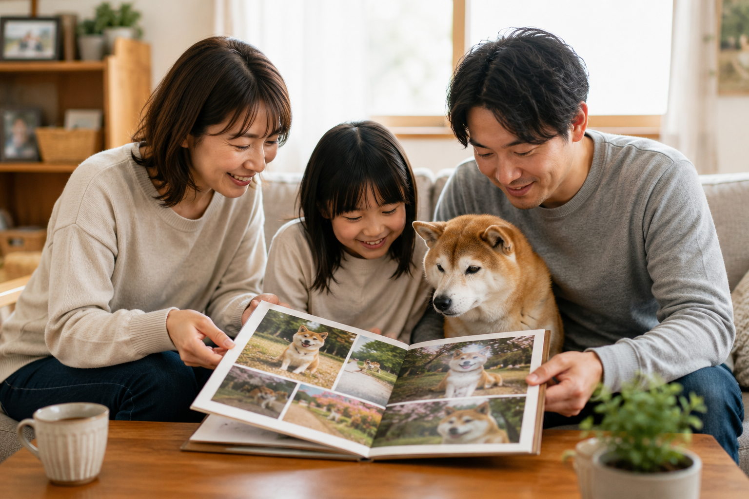 家族がシニア柴犬の写真を見返している様子