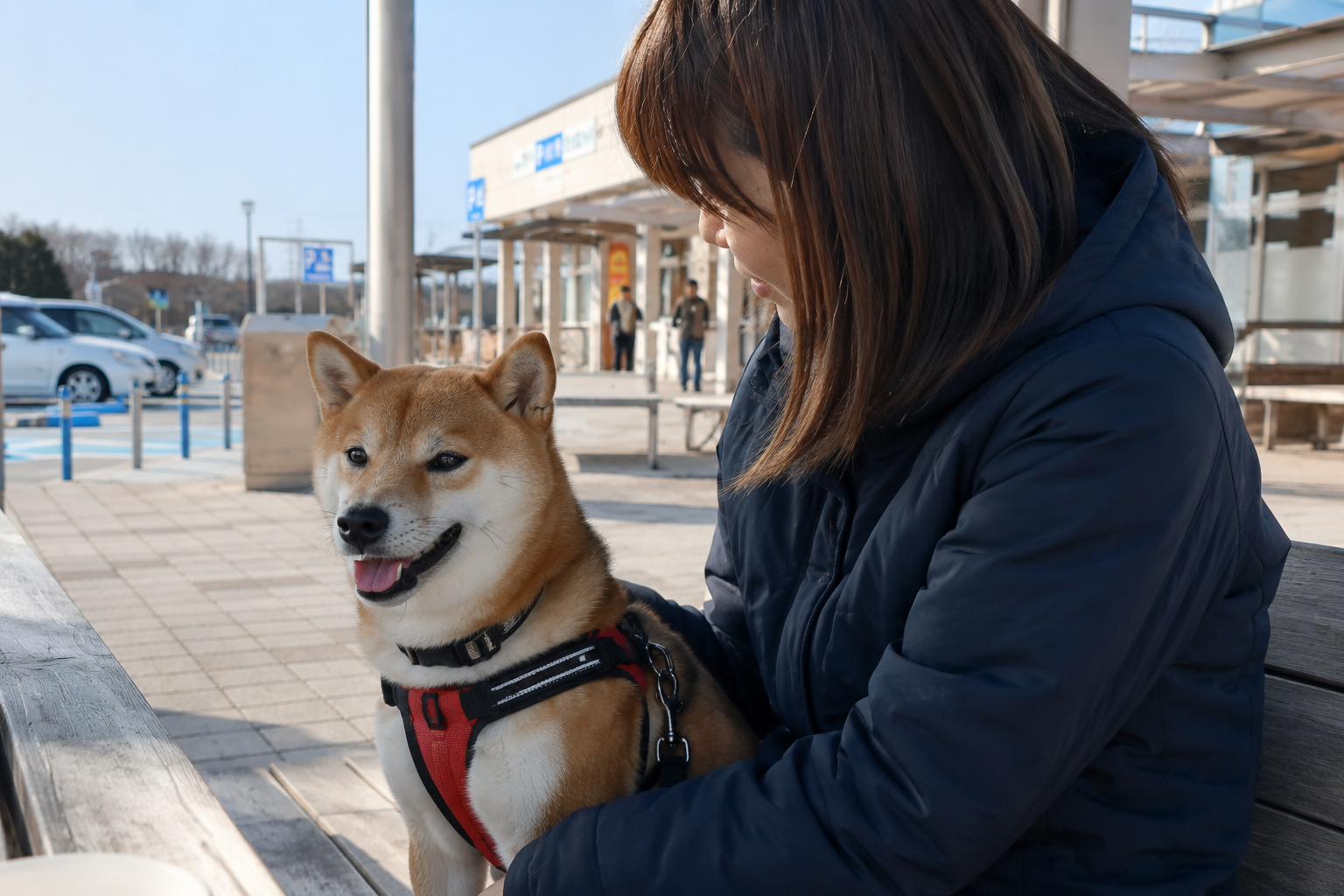 車移動の途中で休憩している柴犬