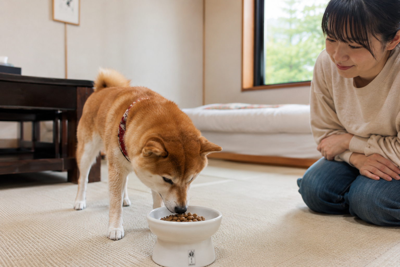 旅行先で安心してご飯を食べ始めた柴犬
