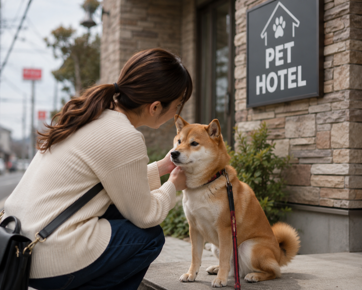 ペットホテル前で不安そうにする柴犬と寄り添う飼い主