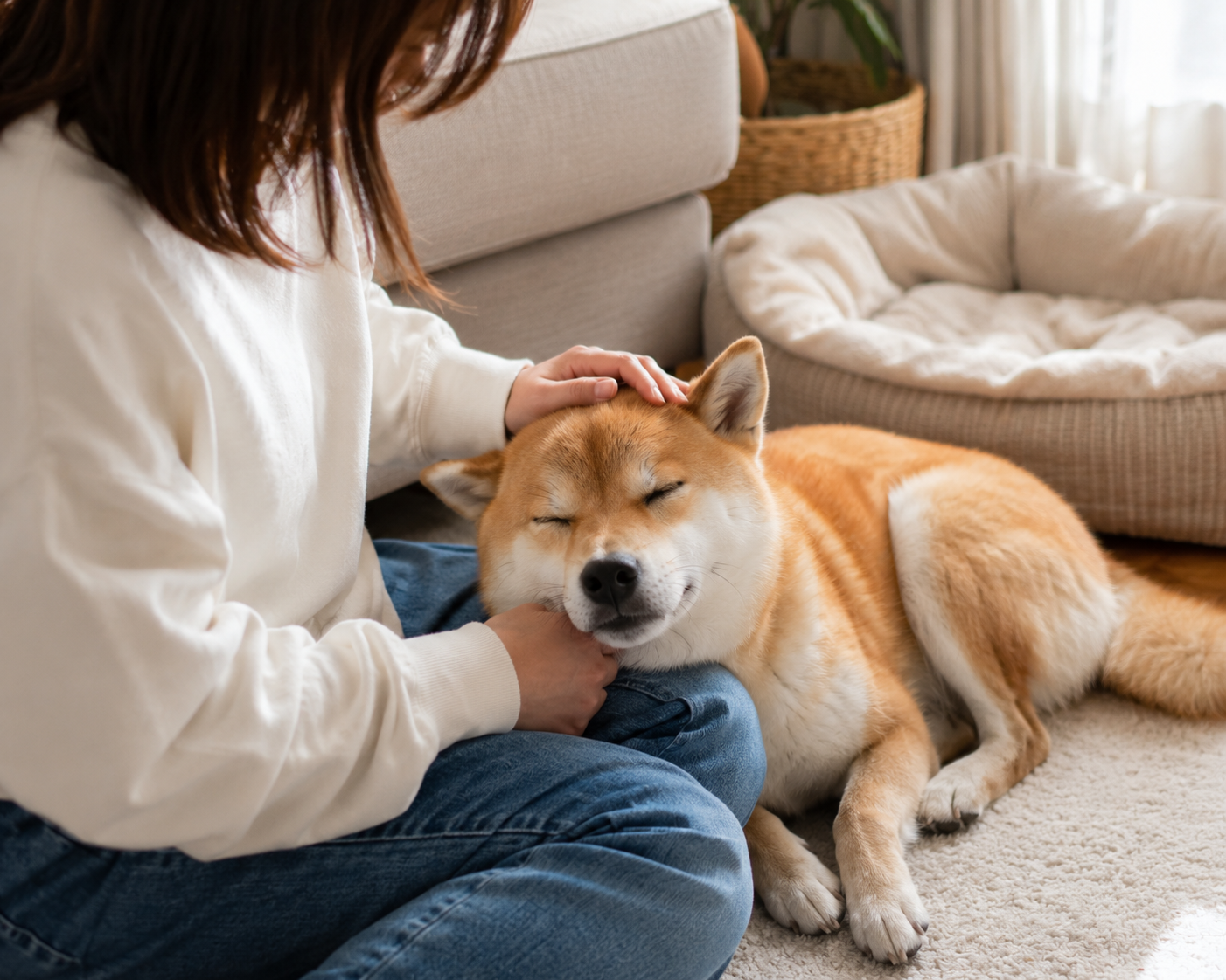 ペットホテルから帰宅して安心している柴犬