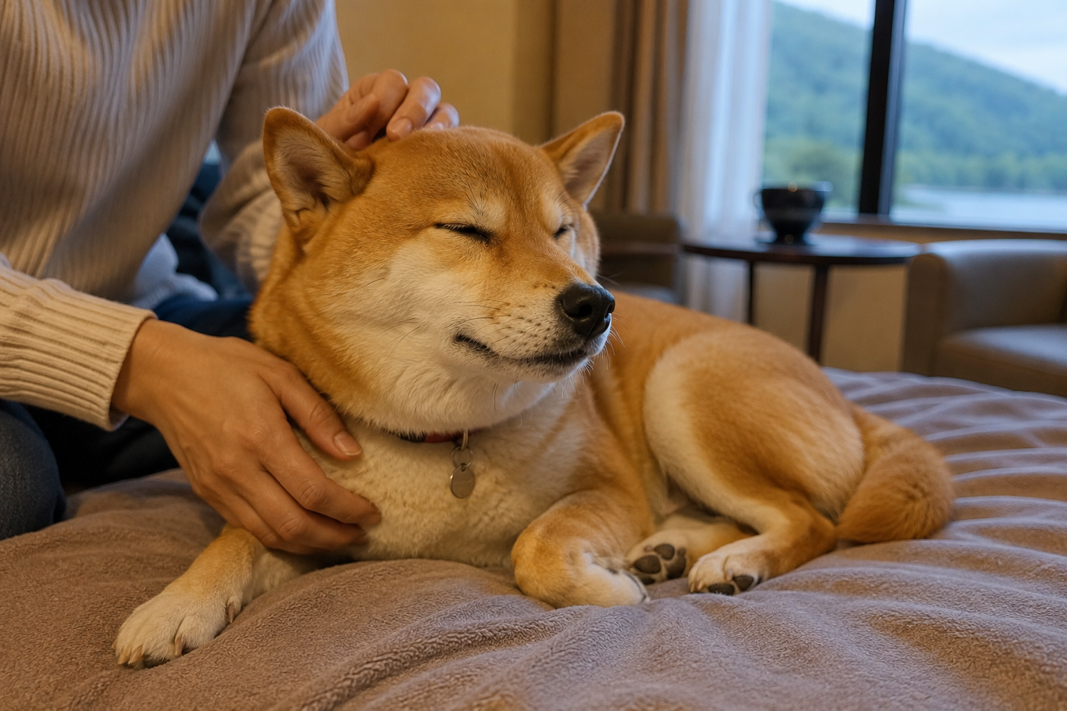 旅行先で安心した表情を見せる柴犬