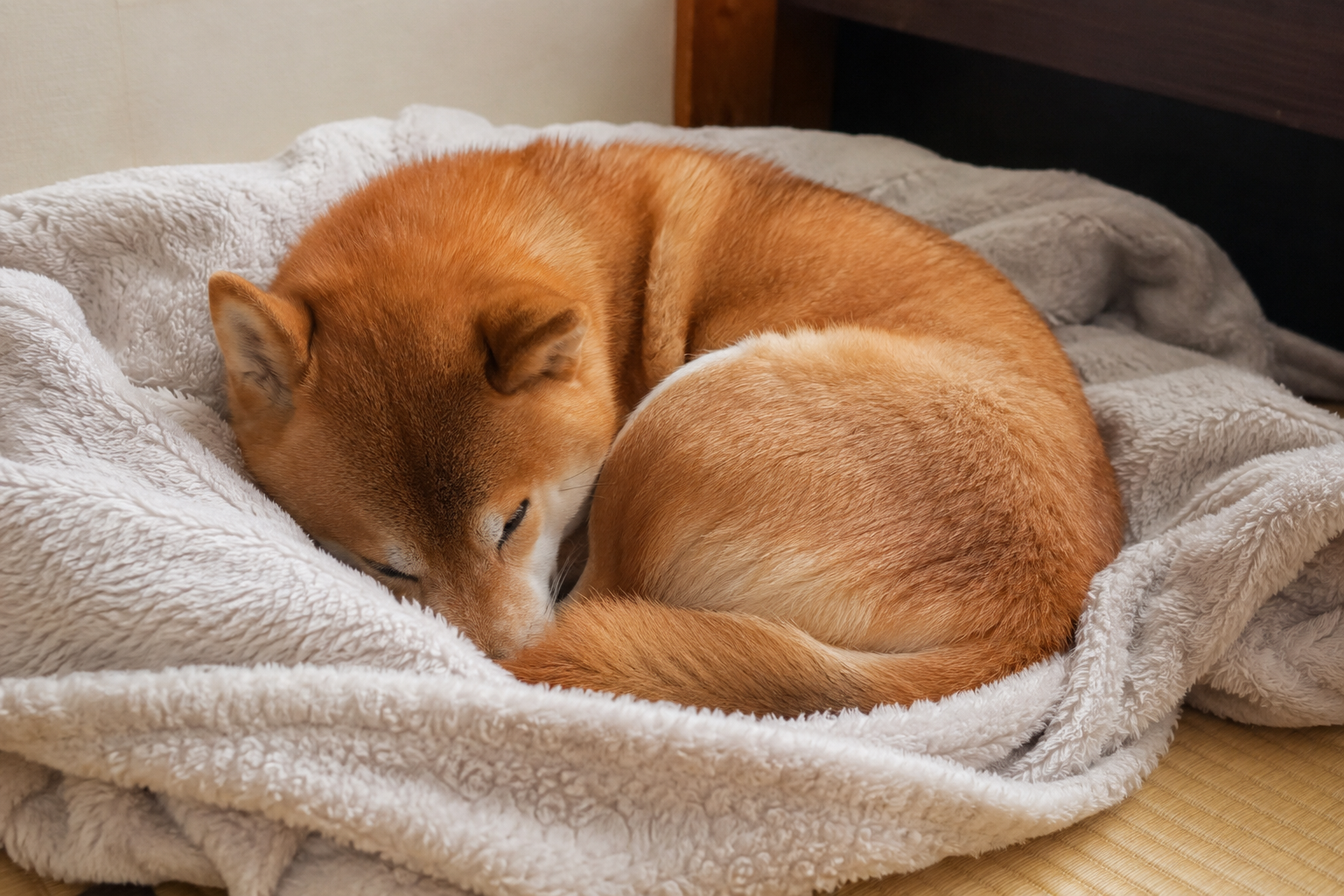 毛布の上で丸くなる柴犬