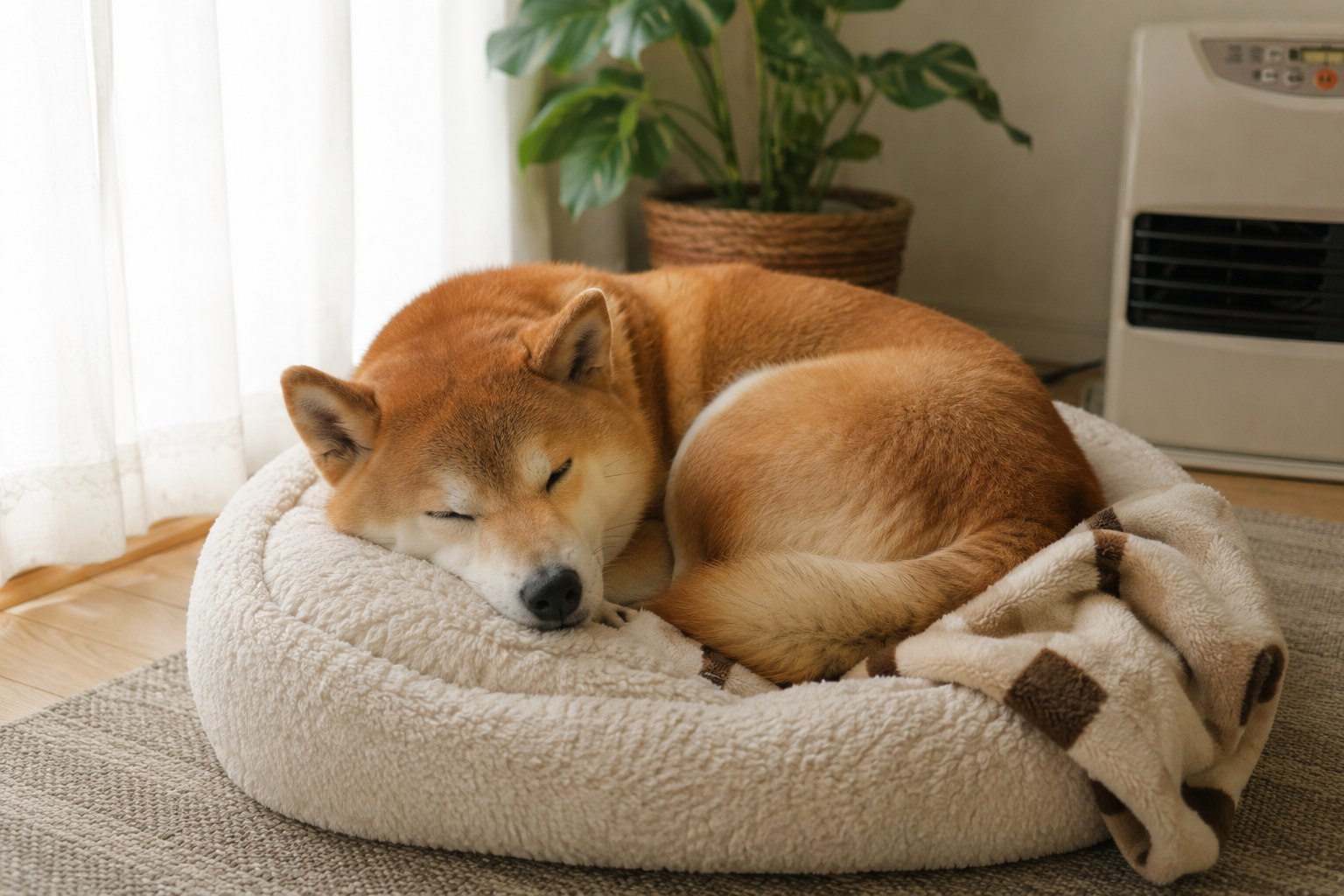 暖かい部屋で安心して眠る柴犬