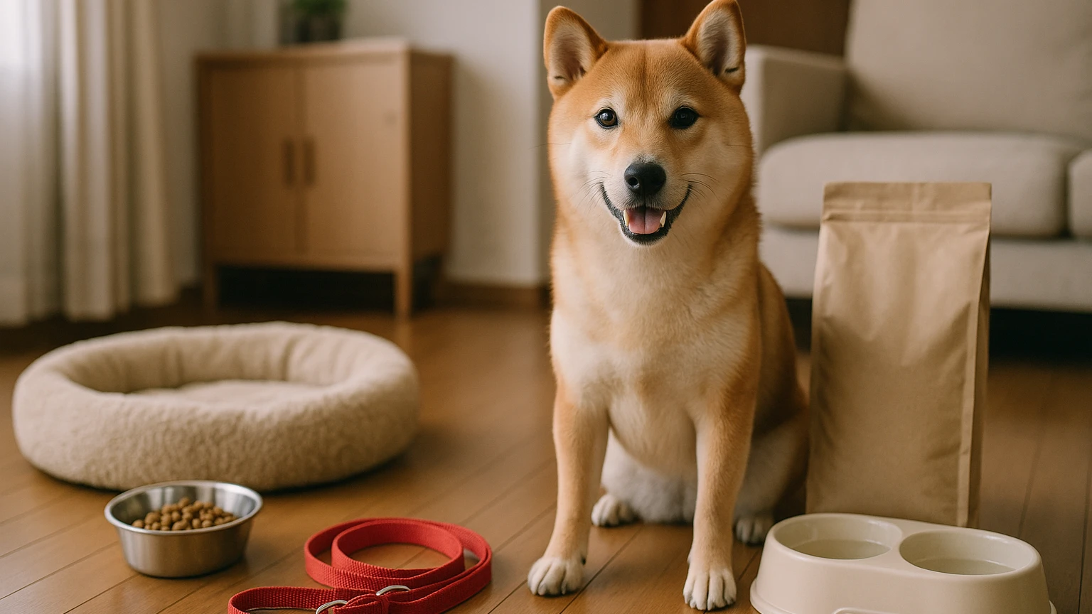 柴犬を飼う際に知っておくべきポイントと注意事項に合わせたアイキャッチ。柴犬とペット用品の利用シーンを表現。 要点：柴犬を飼う際には、適切な道具が必要です。これに