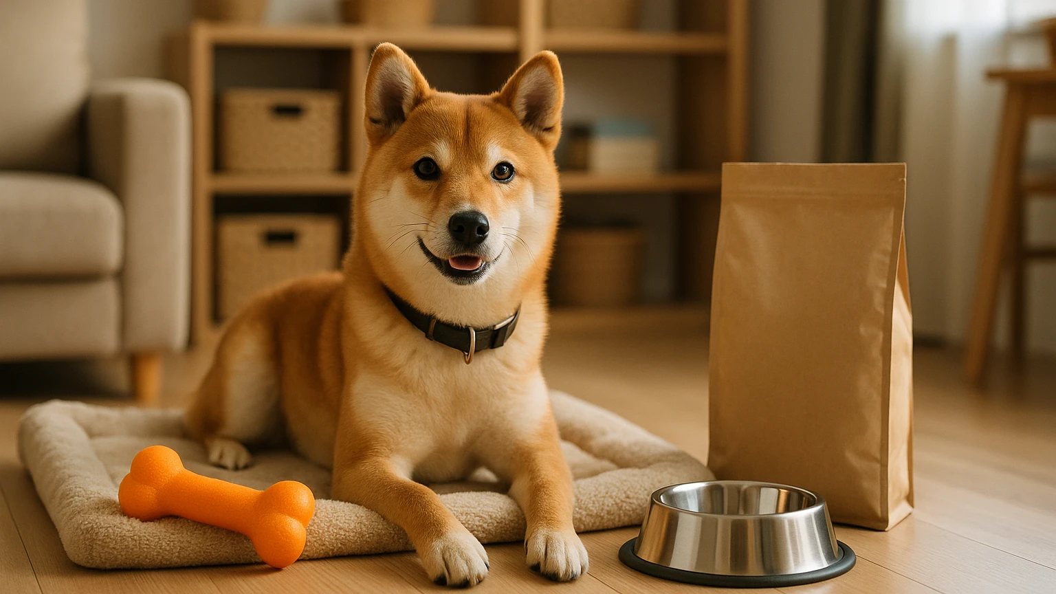 柴犬の特徴や魅力について知りたい方へに合わせたアイキャッチ。柴犬とペット用品の利用シーンを表現。 要点：パーフェクトペットの柴犬は、リアルな見た目と触り心地が魅