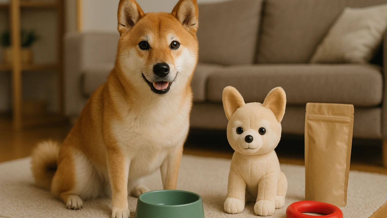 柴犬とミミクリーペットの特徴や遊び方について知ろうに合わせたアイキャッチ。柴犬とペット用品の利用シーンを表現。 要点：ミミクリーペットは、柴犬に特化したペットロ