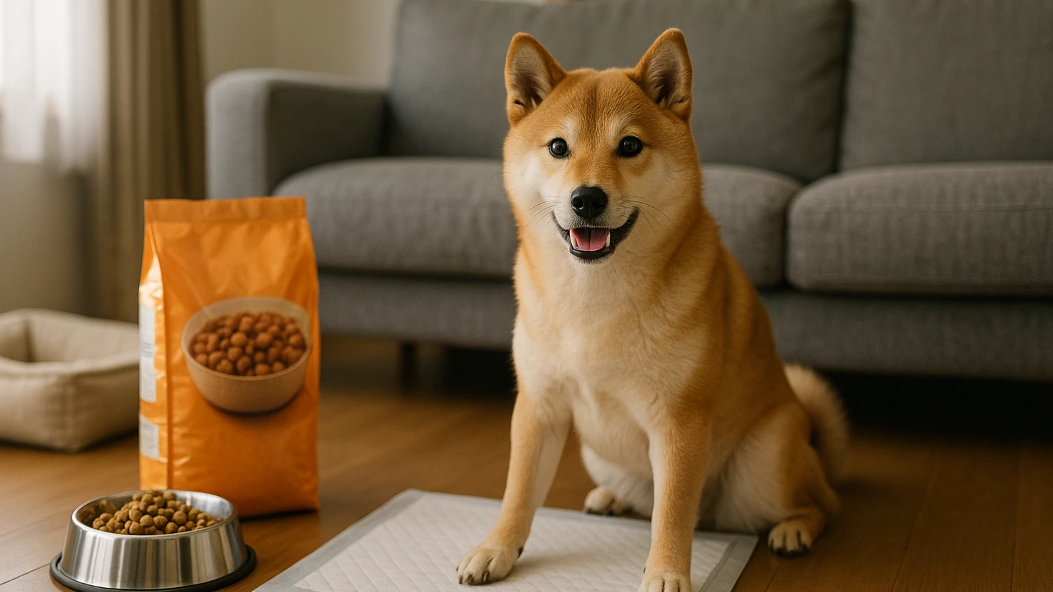 柴犬に必要な栄養素やユニ・チャームの製品について知ることに合わせたアイキャッチ。柴犬とペット用品の利用シーンを表現。 要点：柴犬を飼い始めたばかりの方にとって