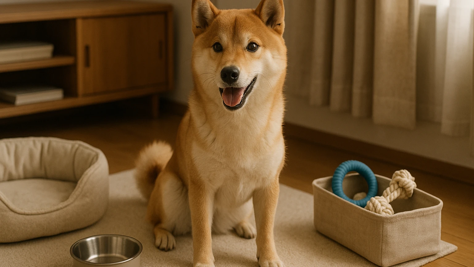 柴犬のしつけに関する基本的なポイントを解説しますに合わせたアイキャッチ。柴犬とペット用品の利用シーンを表現。 要点：柴犬を飼い始めたばかりの方にとって、しつけを