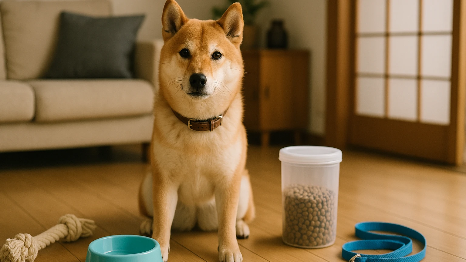 柴犬のための健康管理をしっかり行う方法についてに合わせたアイキャッチ。柴犬とペット用品の利用シーンを表現。 要点：柴犬の健康管理方法について理解を深めることは