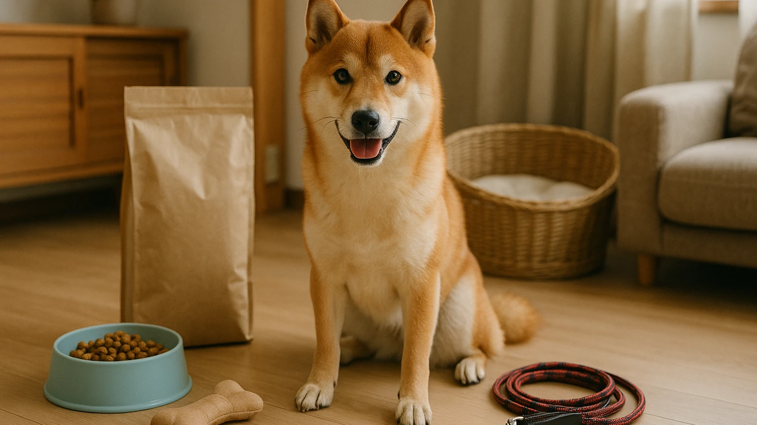 柴犬を飼うために必要なアイテムについて考えるに合わせたアイキャッチ。柴犬とペット用品の利用シーンを表現。 要点：柴犬を飼う際には、必要なグッズをしっかりと把握し