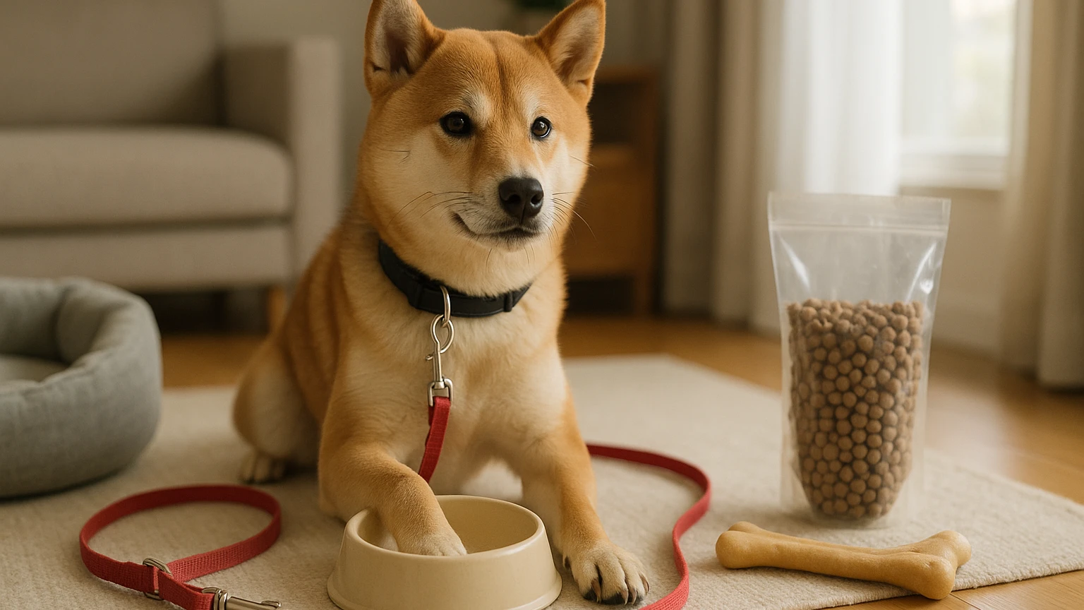コジマで柴犬に最適なペット用品を見つけように合わせたアイキャッチ。柴犬とペット用品の利用シーンを表現。 要点：柴犬に最適なペット用品を選ぶためには、サイズや安全